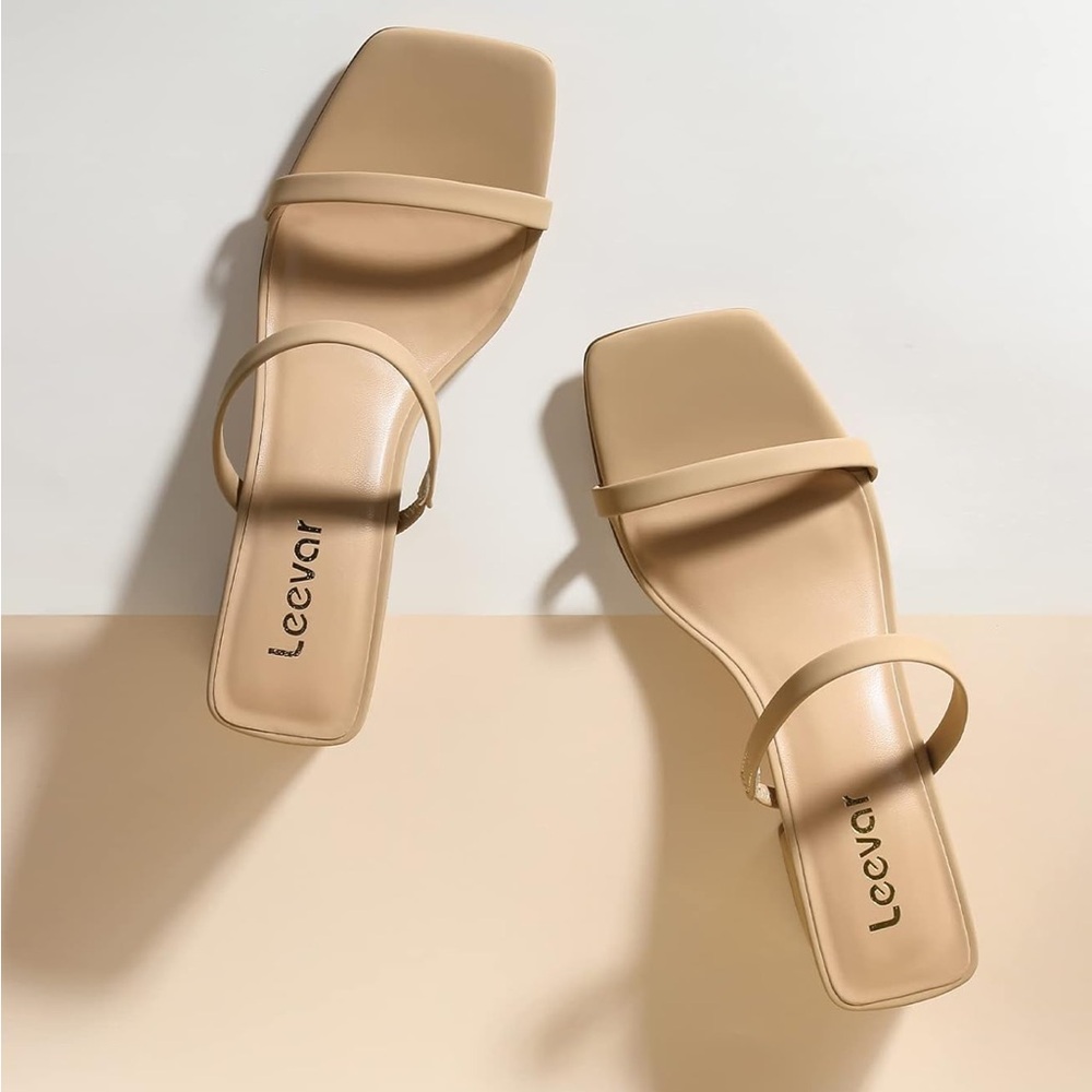 Leevar Block Heel Double Band Square Toe Heeled Sandal Slip On Mule
